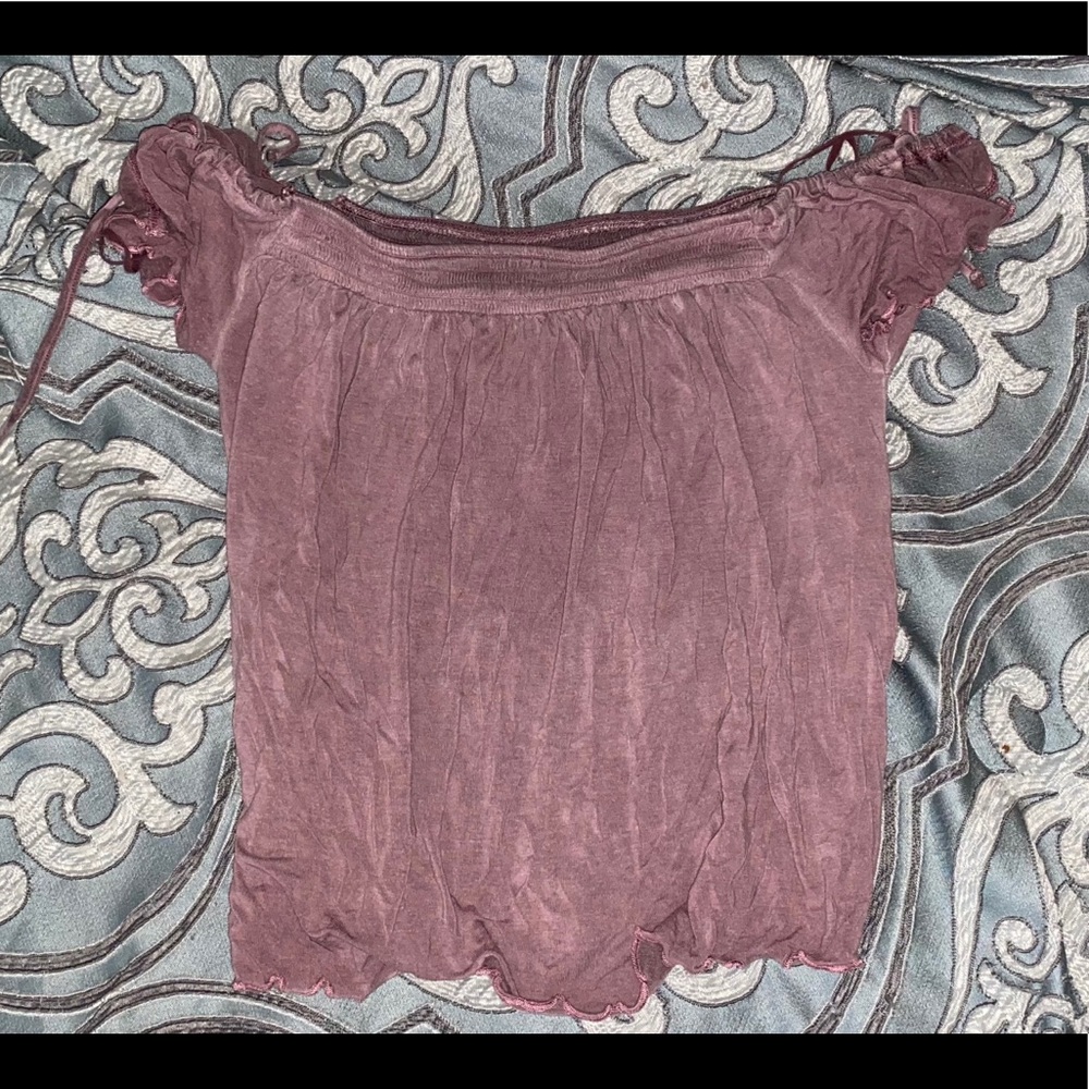 purple off the shoulder shirt